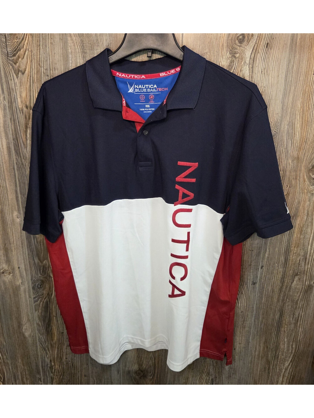 Nautica Blue SailTech Navy Red White Color Block Size 2XL Golf Tennis Polo Shirt